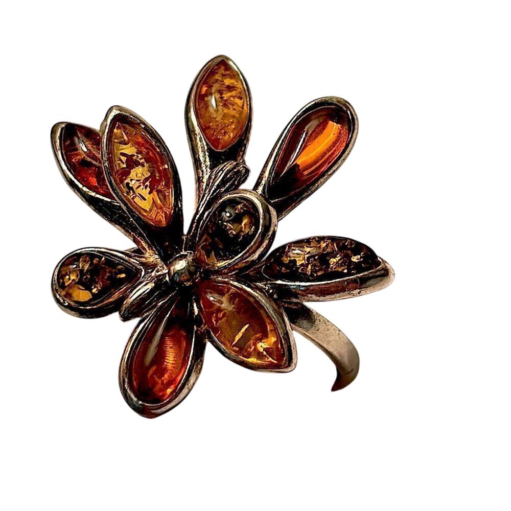 Sterling Silver Baltic Amber Floral Sunburst Multi Stone Cocktail Statement Ring